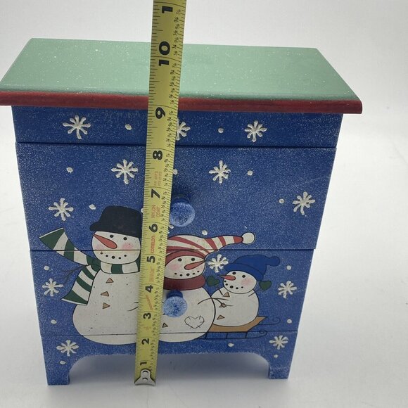 Christmas Winter Snowman Jewelry Box Trinket‎ Storage 2 Drawer Wood Chest Blue - Picture 9 of 11